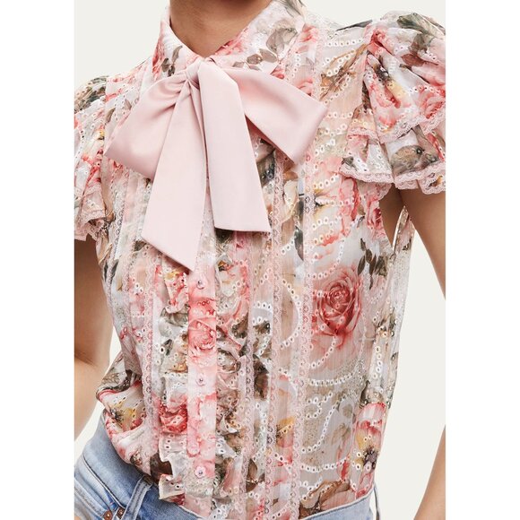 NWT Alice + Olivia “Minda” Floral Eyelet Ruffle-Sleeve Tie-Neck Blouse Size S - Picture 1 of 11